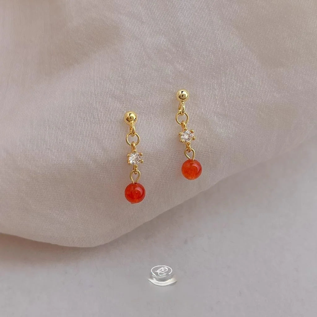 Mini Red Agate Zircon Tassel Drop Earrings, Geometric Copper Light Luxury Jewelry