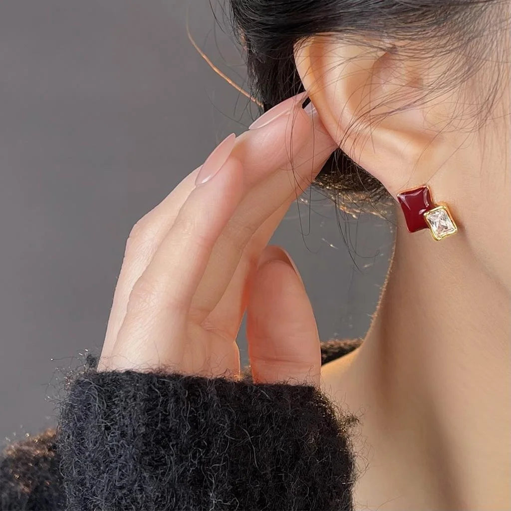14K Plated Copper Geometric Square Zircon Burgundy Enamel Stud Earrings