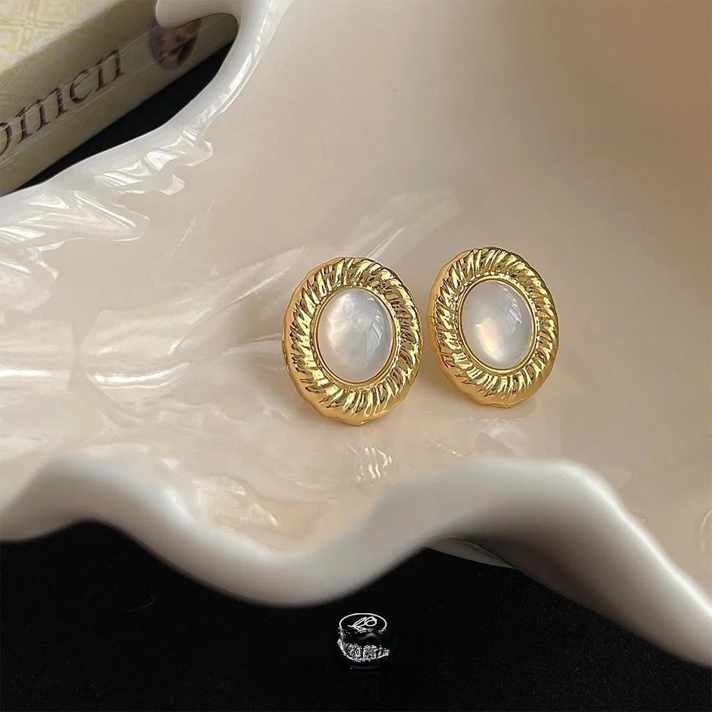French Vintage Real Shell Oval Geometric Twist Edge 14K Plated Stud Earrings For Women