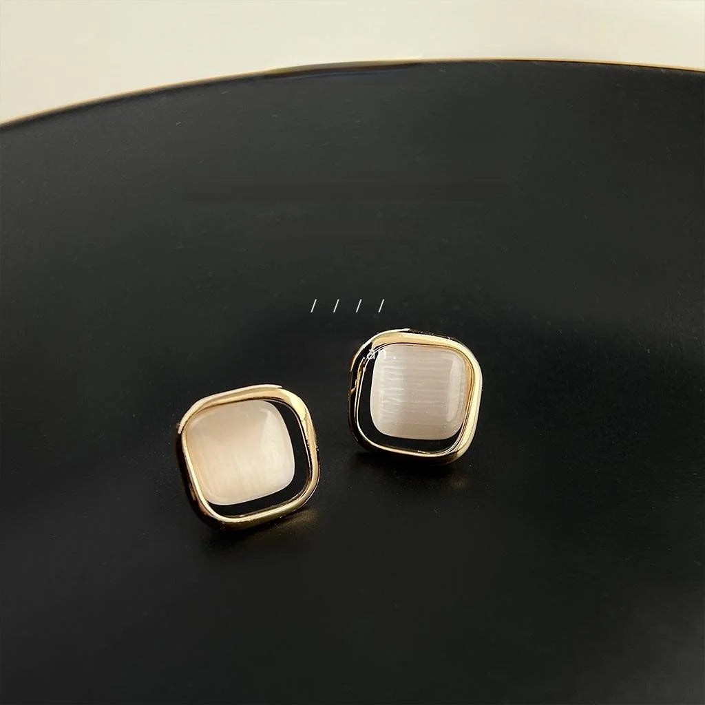 French Luxury Style 14K Plated Copper Glass Cat Eye Stone Square Geometric Stud Earrings