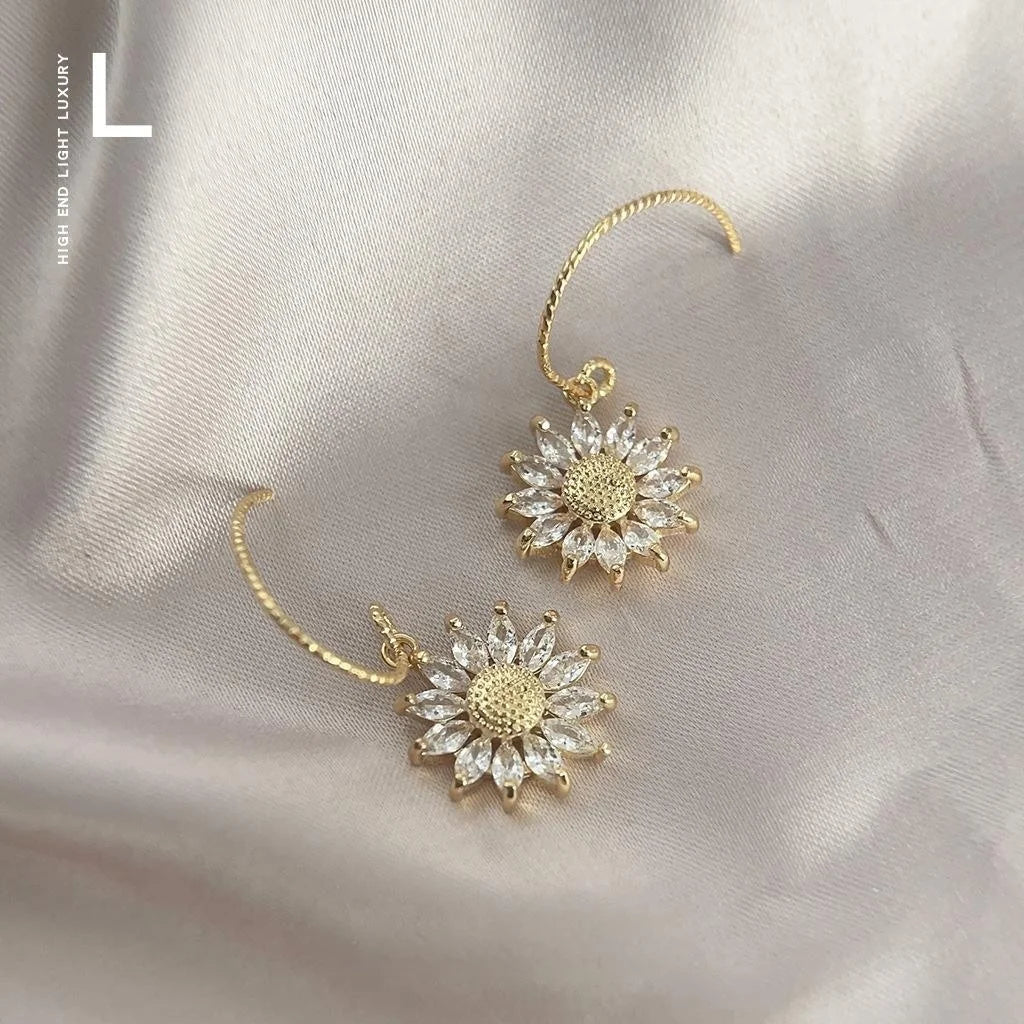 French Vintage 14K Plated Zircon Sunflower Flower Drop Earrings for Women