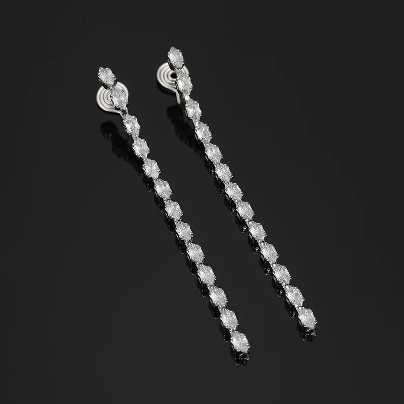 Elegant Long Tassel Marquise Zircon Spiral Drop Stud & Clip On No Piercing Silver Needle Earrings