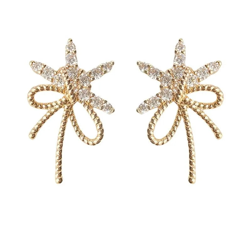 French Vintage Copper Bowknot Micro Pave Zircon Stud Earrings For Women