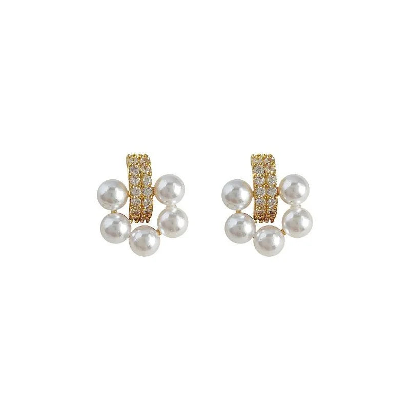 French Elegant Eco Copper Micro Pave Zircon Flower Round Pearl Stud Earrings For Women