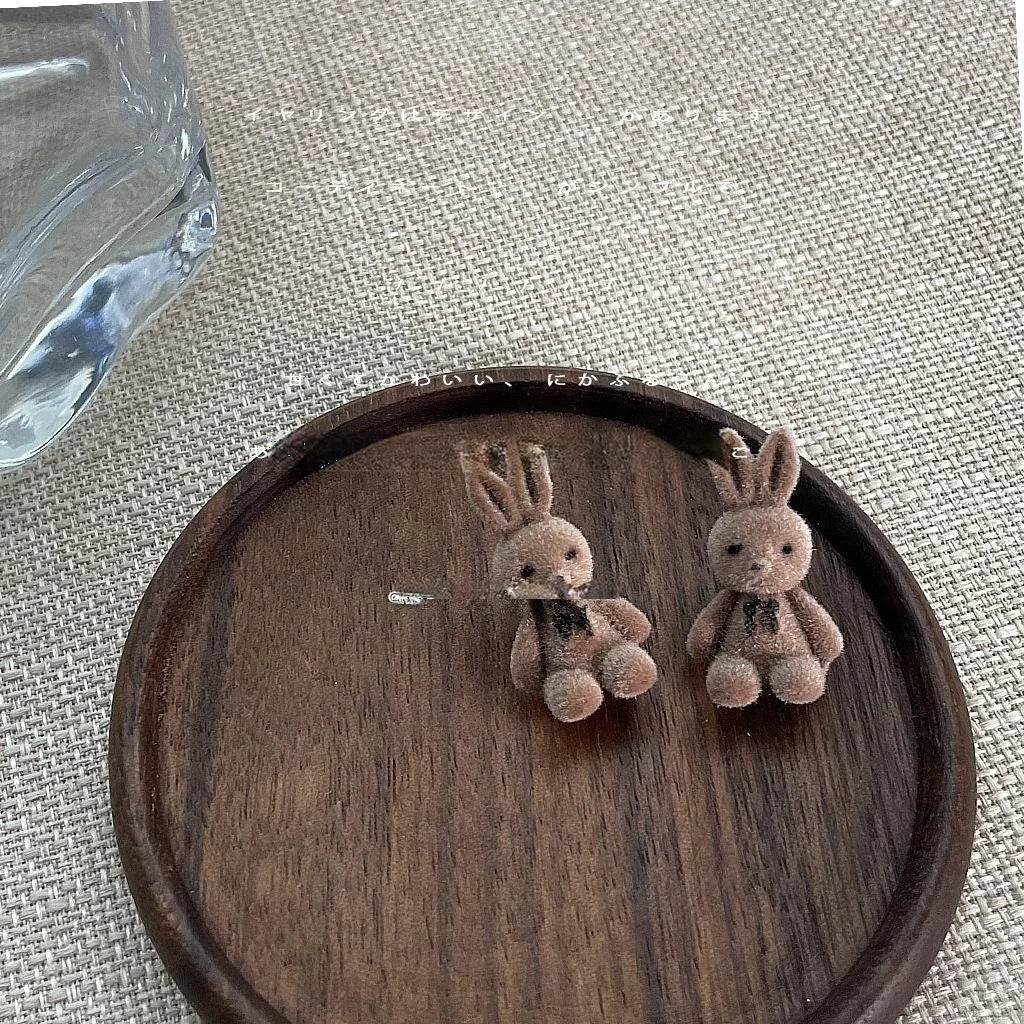Cute Flocked Bunny Silver Plated Pin Stud Earrings For Women Korean Sweet Animal Jewelry