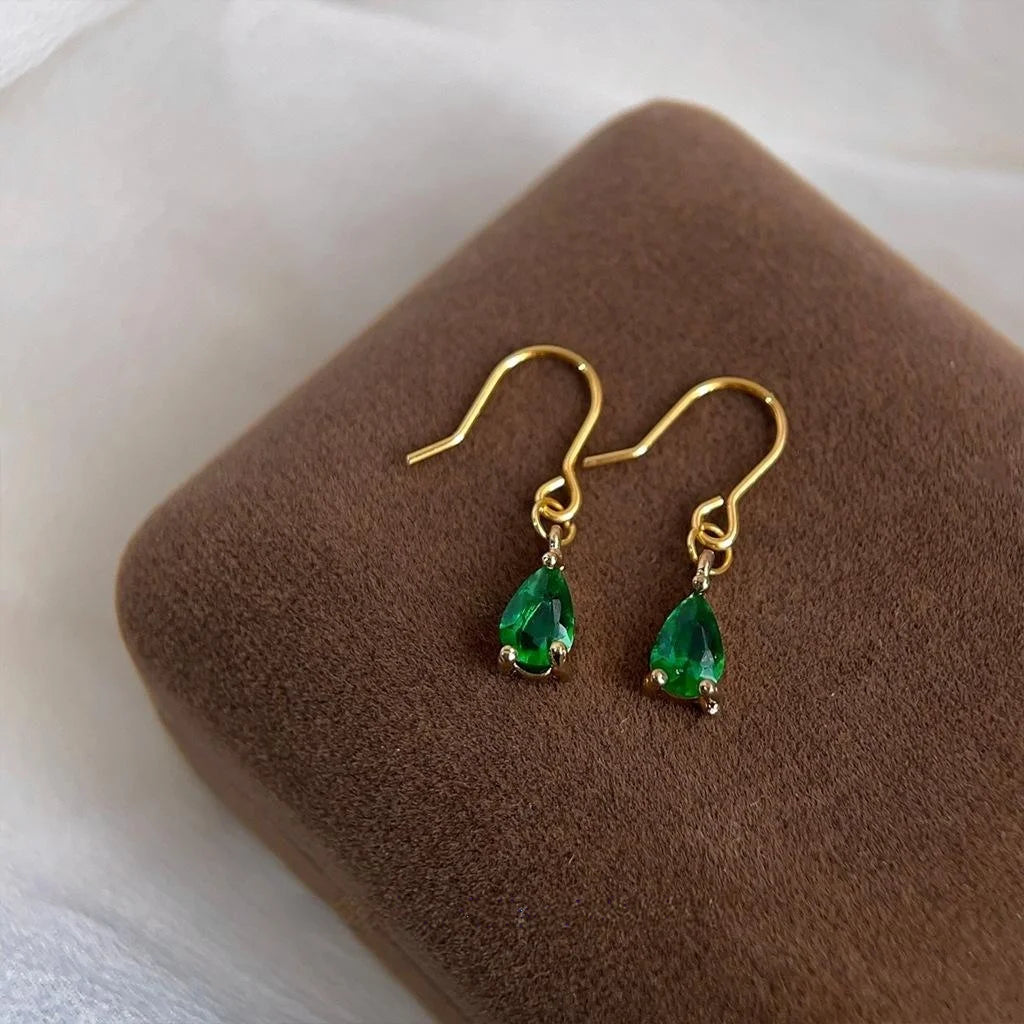 14K Gold Plated Copper Vintage Emerald Zircon Geometric Teardrop Drop Earrings For Women
