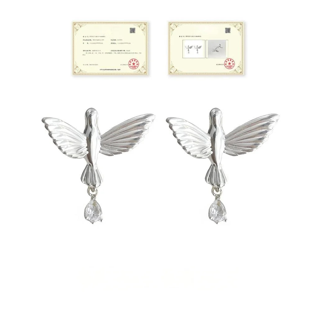 Original Designer Copper Zircon Bird Stud Earrings, Niche Style Jewelry