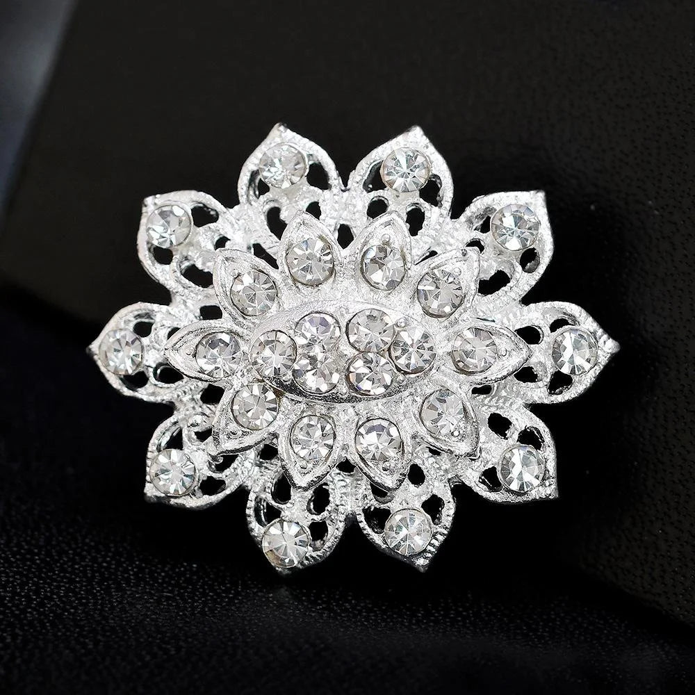 Elegant Silver Plated Rhinestone Flower Brooch, Korean Style Small Lapel Pin Corsage Suit Accessory Gift