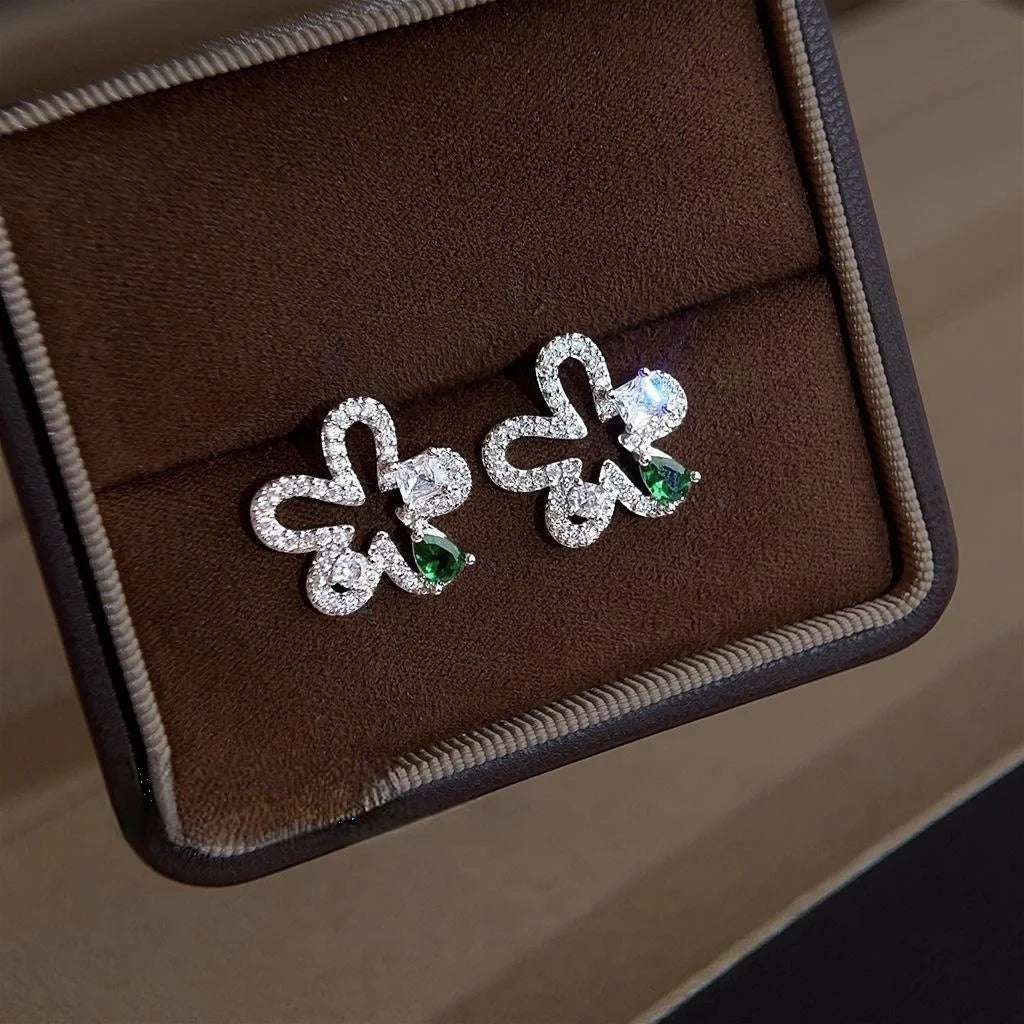 Light Luxury Micro Pave Zircon Copper Hollow Flower Stud Earrings Green Mini Minimalist Jewelry