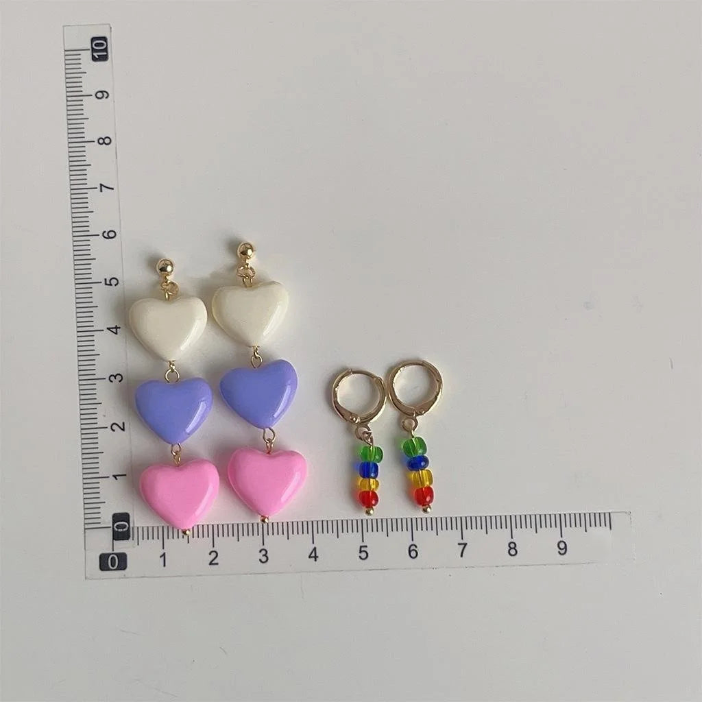 Colorful Dopamine Sweet Summer Copper Heart Tassel Stud Earrings With Silver Plated Pins