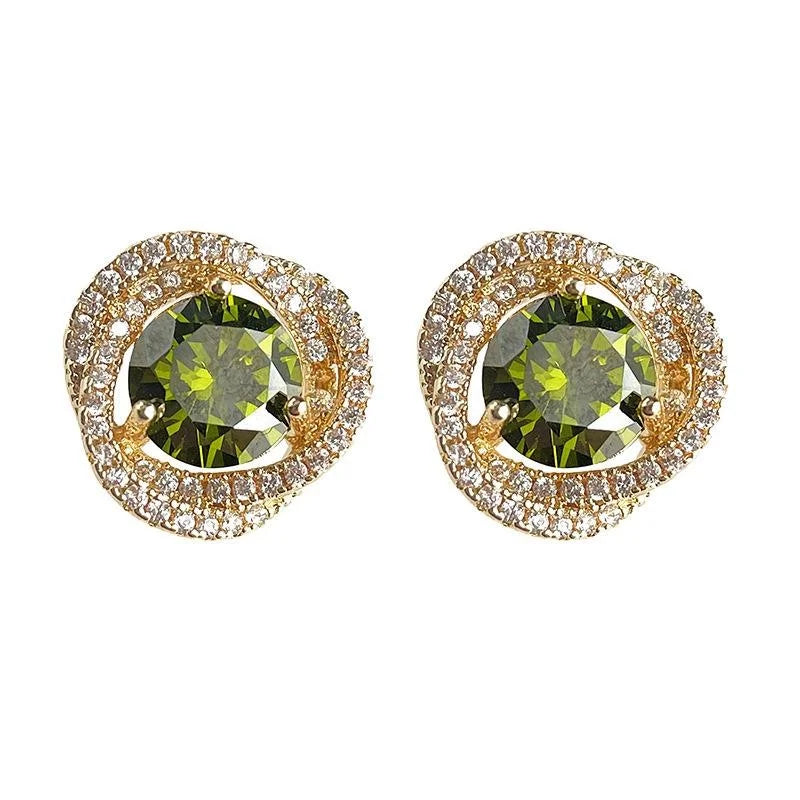 Forest Style Olive Green Zircon Flower Geometric Copper Drop Earrings For Women