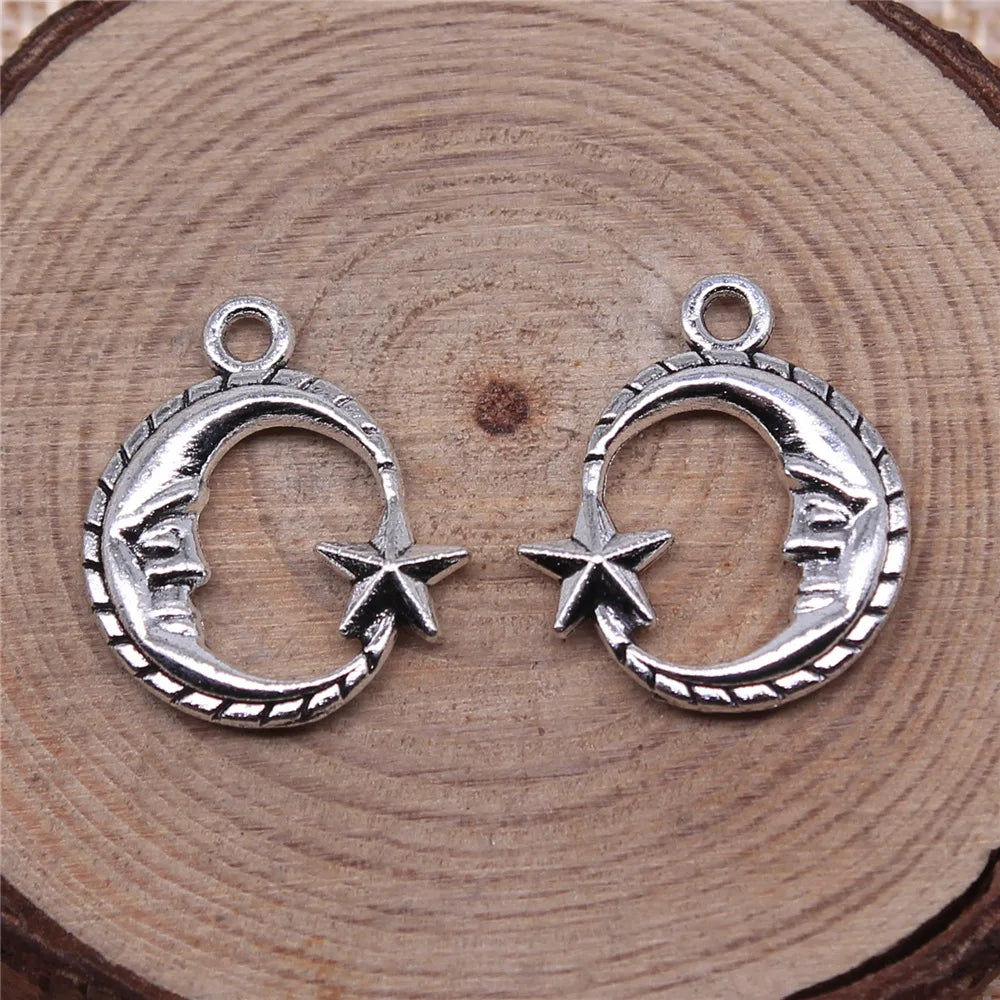 19x16mm 1.3g Antique Silver Zinc Alloy Star Moon Charm Pendant for DIY Necklace Bracelet Making