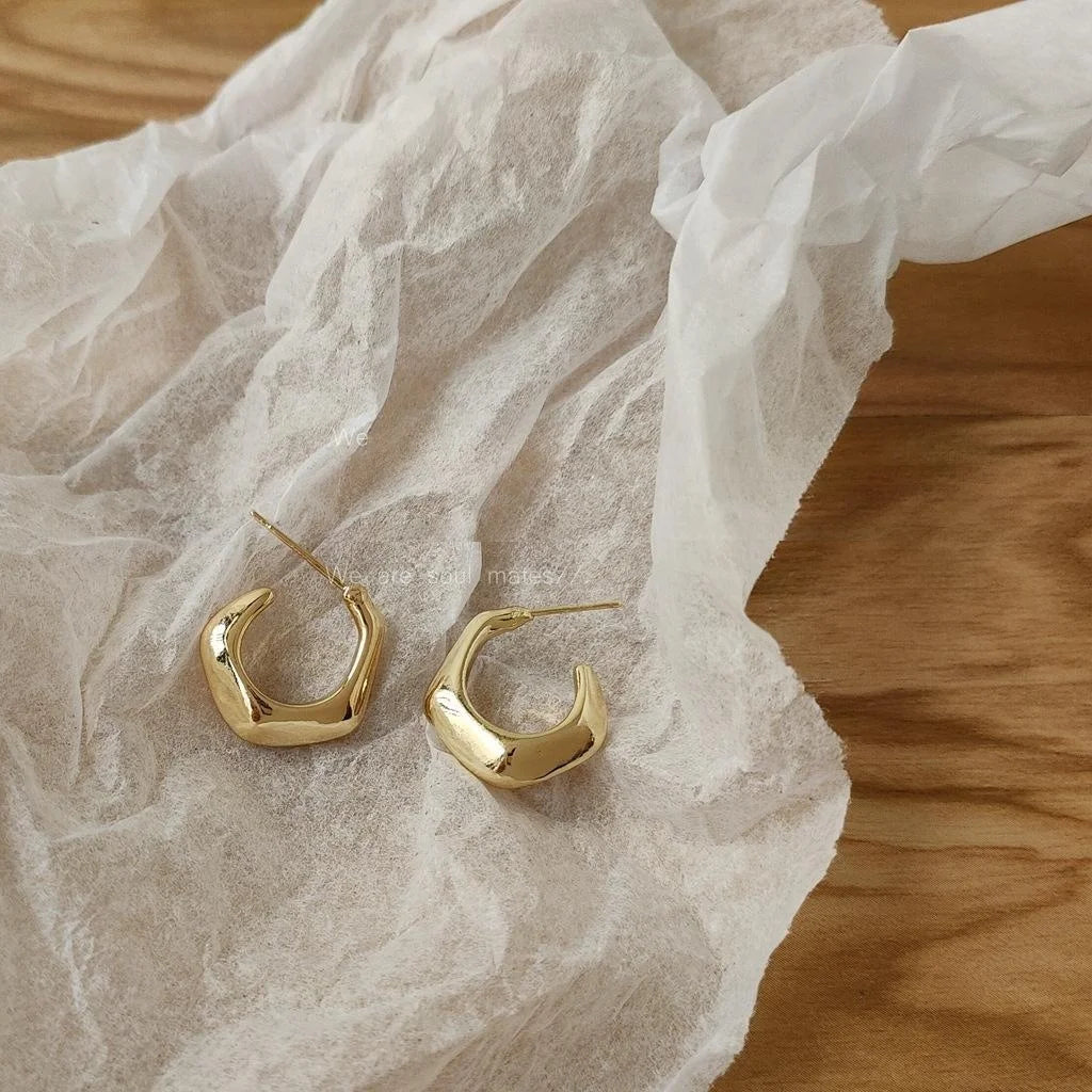 14K Plated Alloy Geometric C Shape Hoop Earrings Korean Minimalist Style