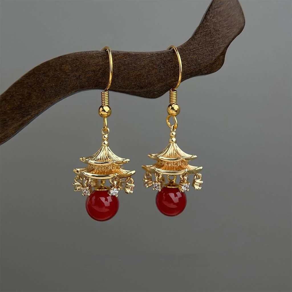 Chinese Style Geometric Tassel Drop Earrings With Copper Red Agate And Micro Pave Zircon