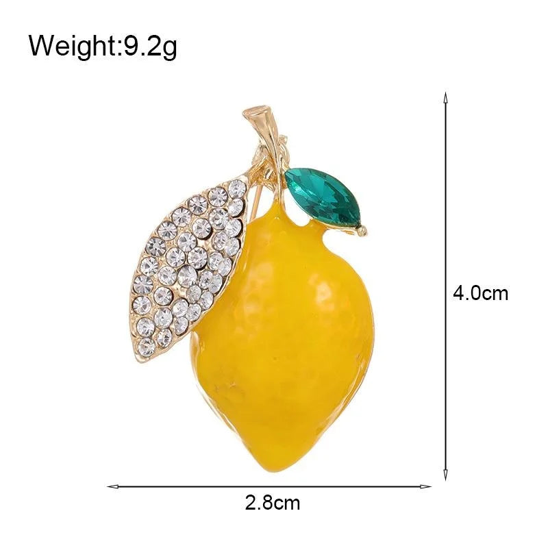 Cute Yellow Enamel Lemon Brooch With Rhinestone Leaf, Elegant Fruit Lapel Pin Corsage Suit Accessory Gift