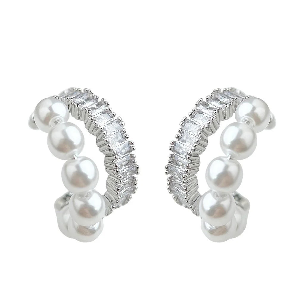 Light Luxury C Shape Geometric Zircon Pearl Drop Earrings Sparkling Round Fashion Ear Jewelry