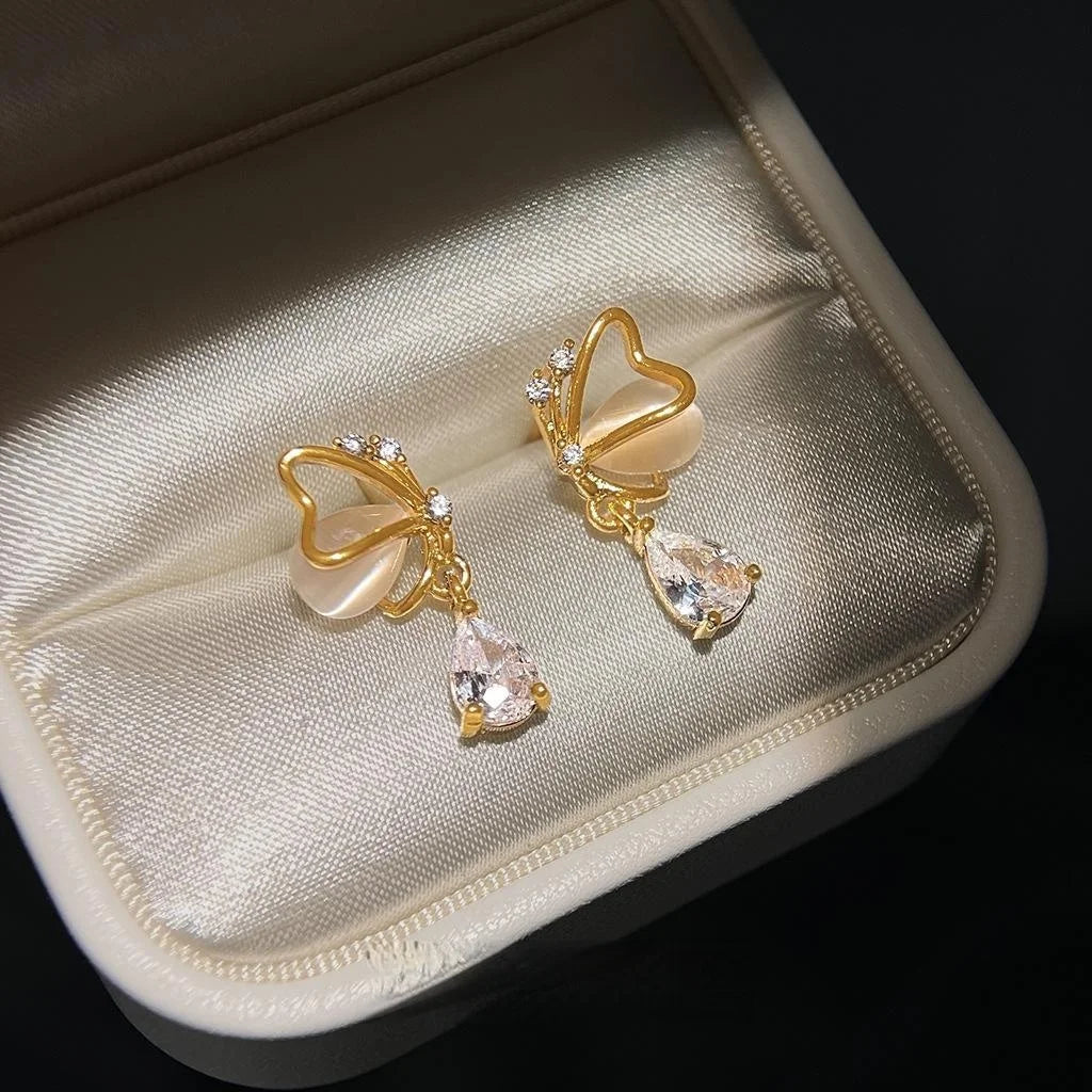 14K Plated Eco Copper Butterfly Zircon Cat Eye Stone Stud Earrings For Women