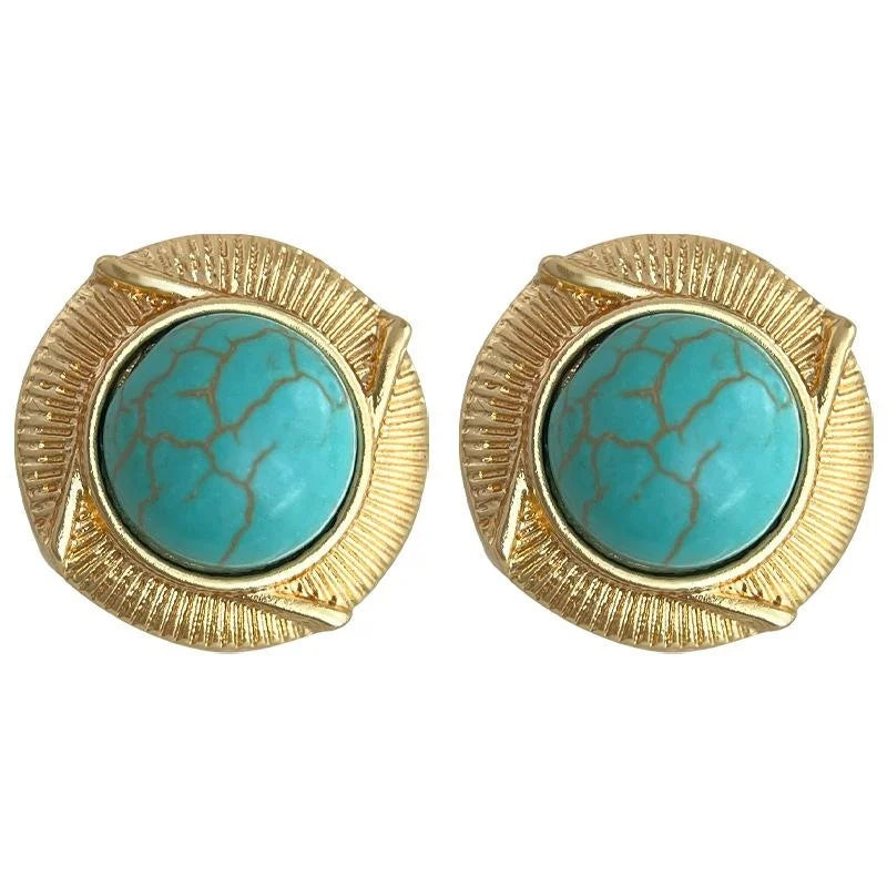 Vintage Chinese Style Synthetic Turquoise Round Geometric 14K Plated Stud Earrings