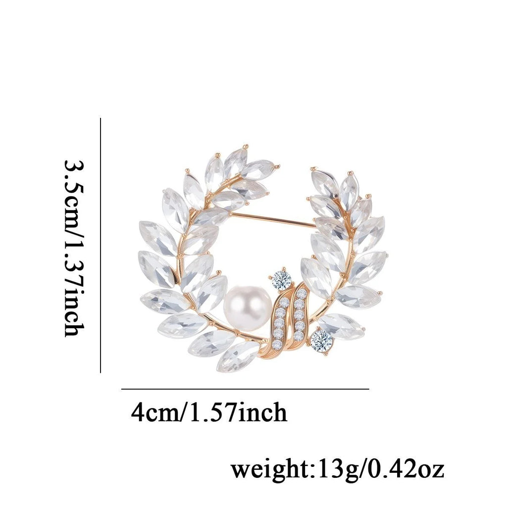 Elegant Pearl Leaf Wreath Brooch For Women Copper Zircon Rhinestone Lapel Pin Suit Corsage Gift