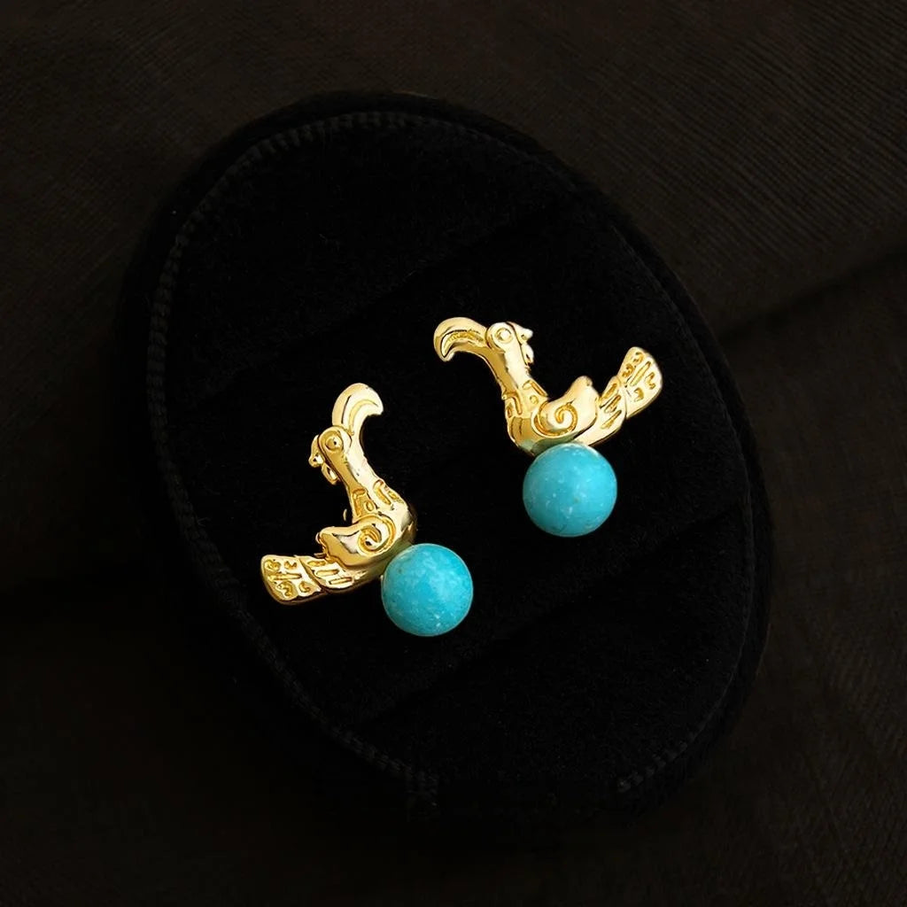 Vintage Bird Geometric Copper Synthetic Turquoise Stud Earrings