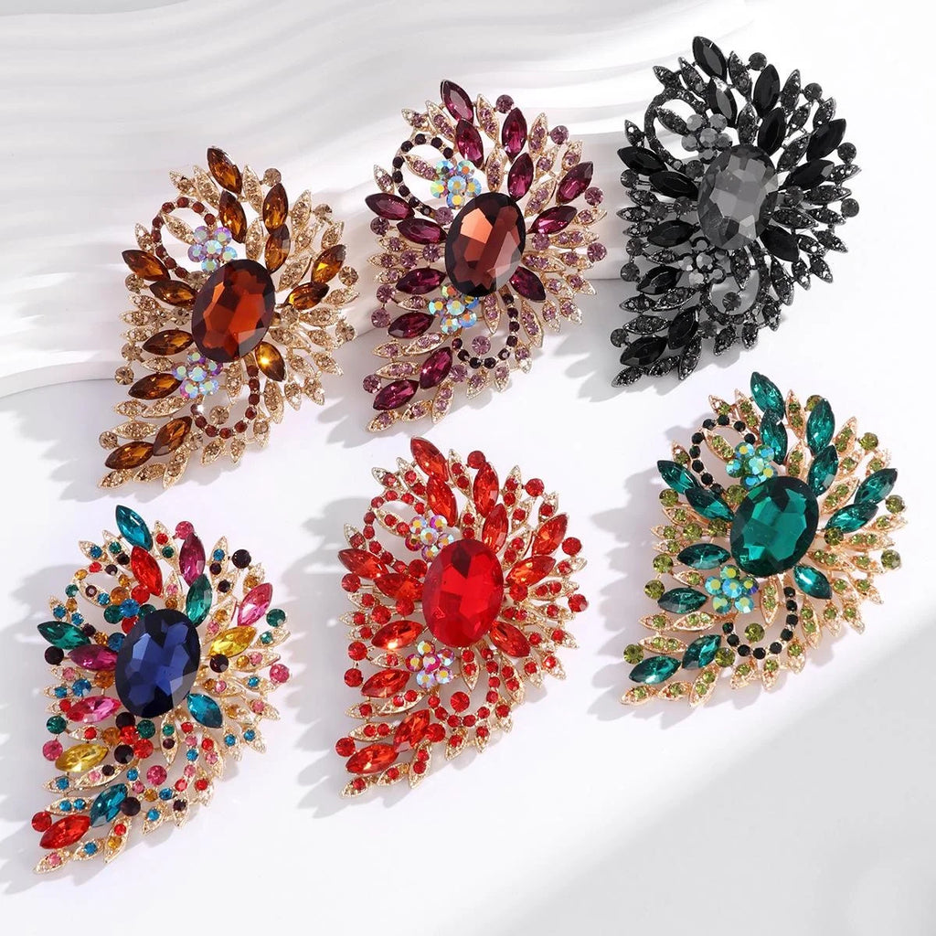 Elegant Blue Crystal Flower Leaf Alloy Rhinestone Brooch, Luxury Lapel Pin Corsage Suit Accessory Gift