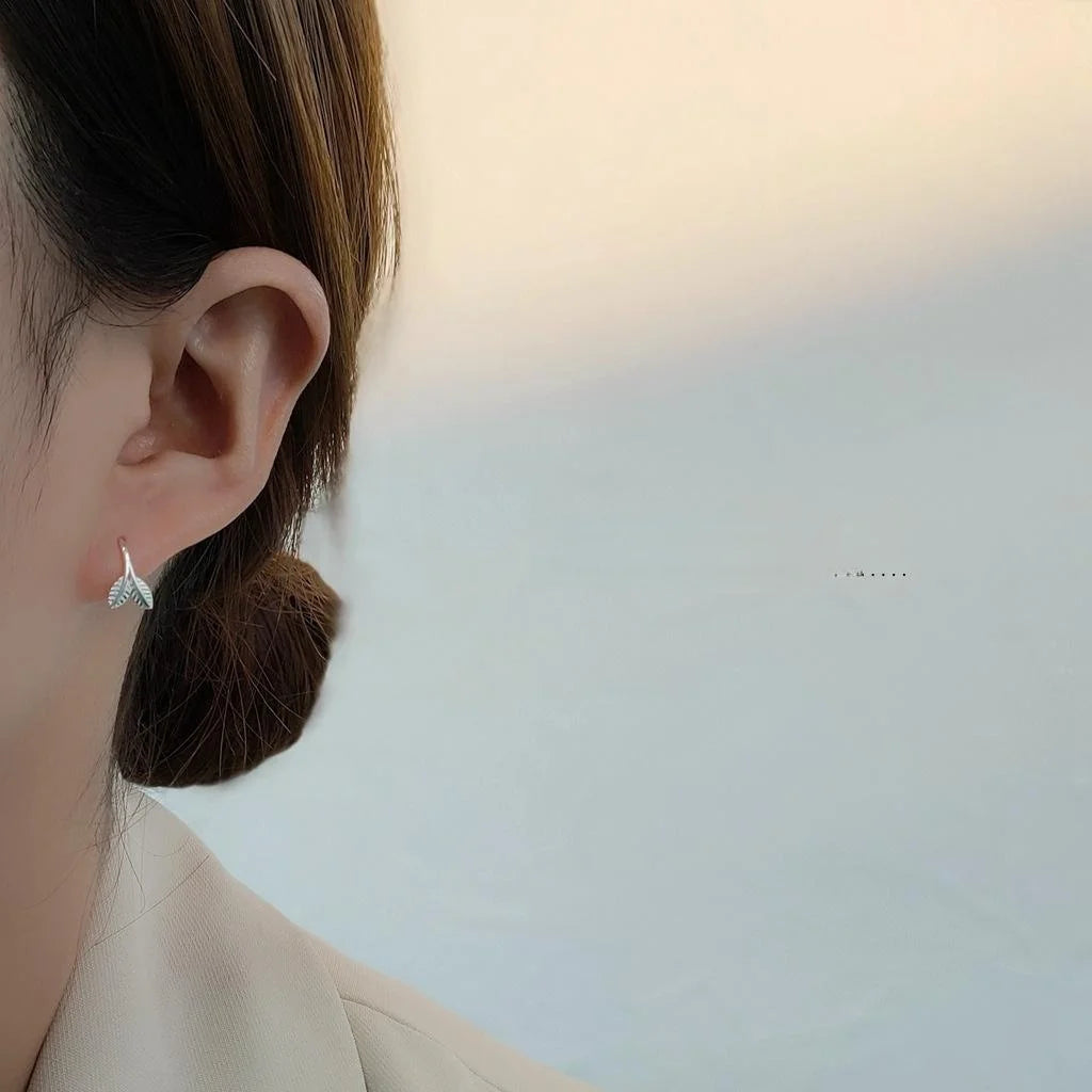 Korean Forest Style Mini Silver Leaf Copper Drop Earrings For Women