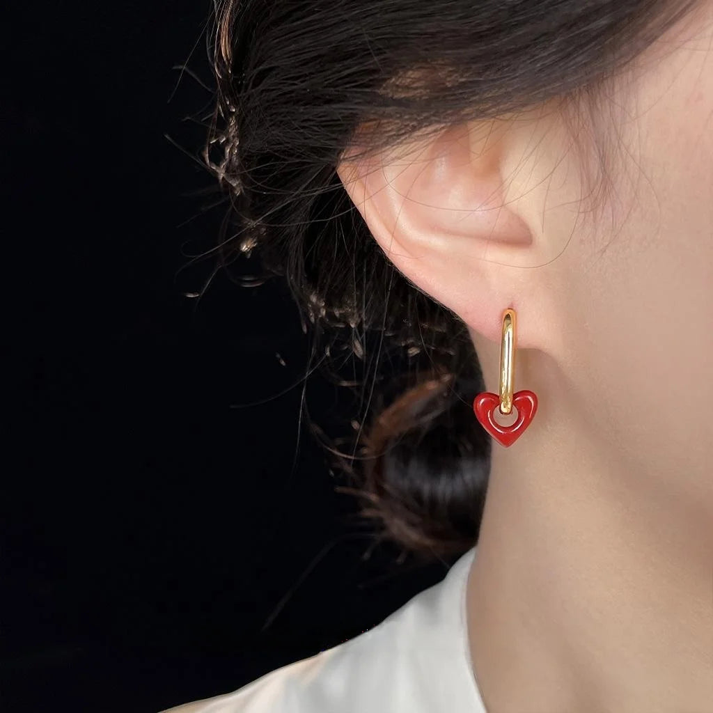 French Vintage Red Hollow Heart Oval Copper Drop Earrings For Women, Elegant Commuter Style