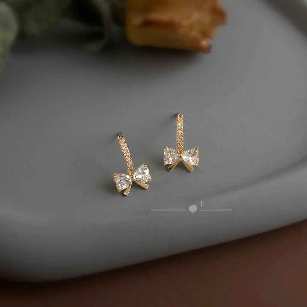 Micro Pave Zircon 14K Plated Bow Stud Earrings Sweet Minimalist Copper Jewelry