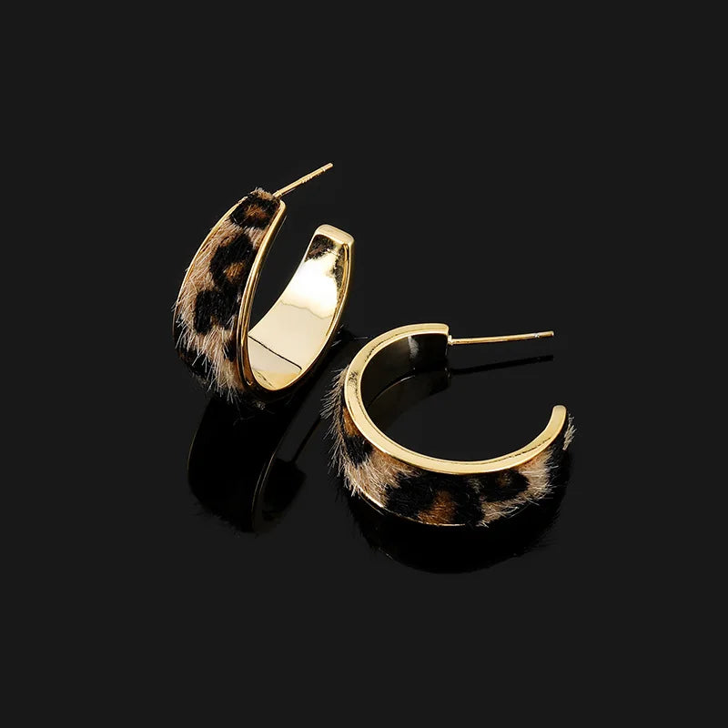 Vintage Gold Alloy Leopard Print Faux Fur C Hoop Stud & Clip On No Piercing Statement Earrings