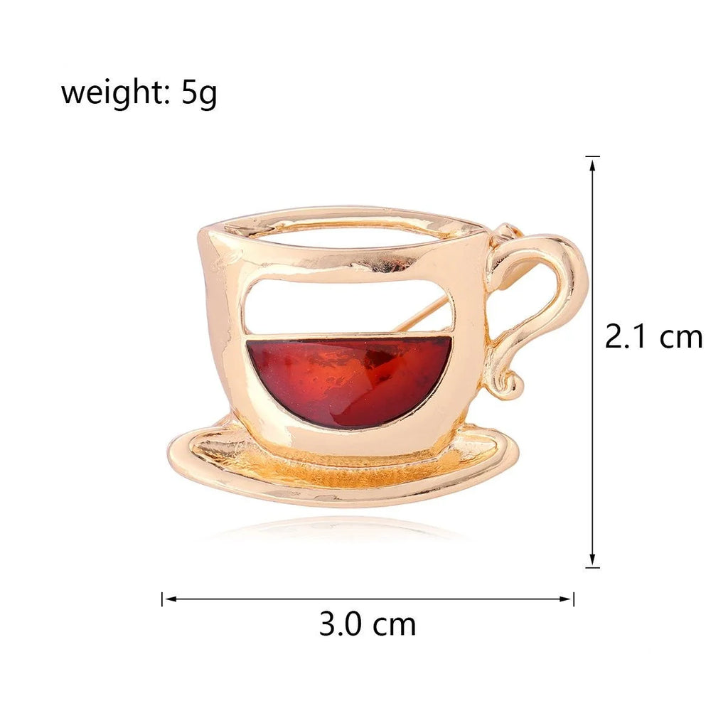 Elegant Alloy Enamel Coffee Cup Brooch With Red Tea Detail, Creative Women's Lapel Pin Gift