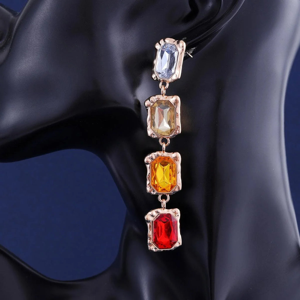 Elegant Four-Tier Rectangular Crystal Drop Earrings, Gold Alloy Rhinestone Dangle Jewelry For Wedding Party Gift