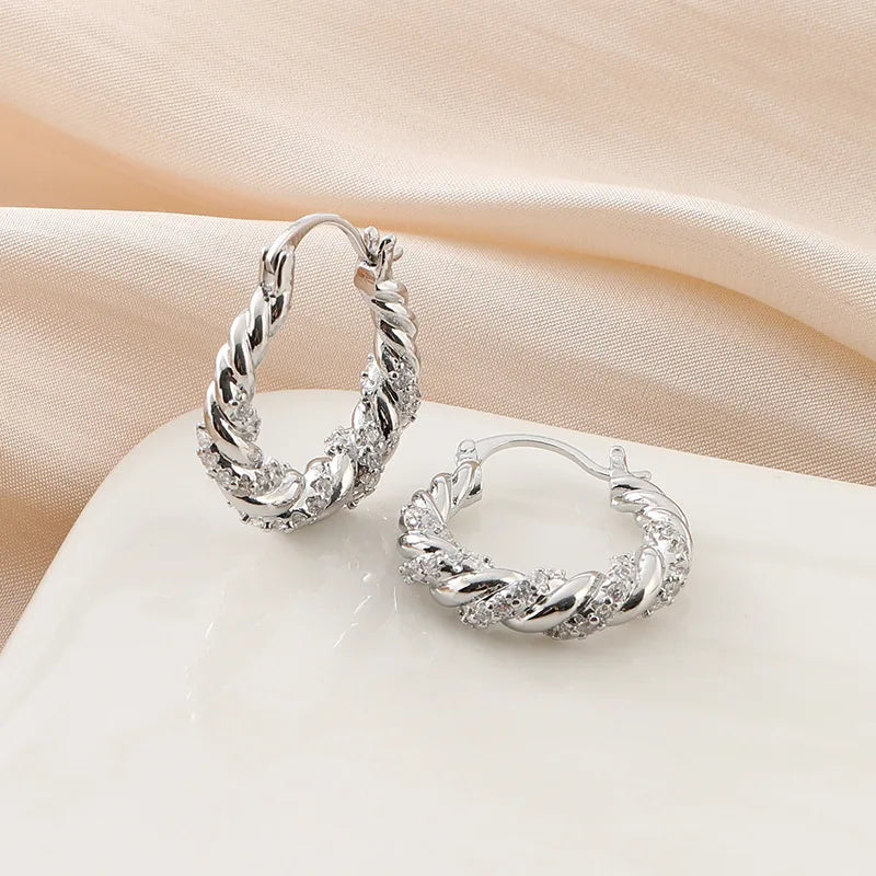 Elegant Silver Alloy Twisted Hoop Zircon Stud & Clip On No Piercing Spiral Huggie Earrings
