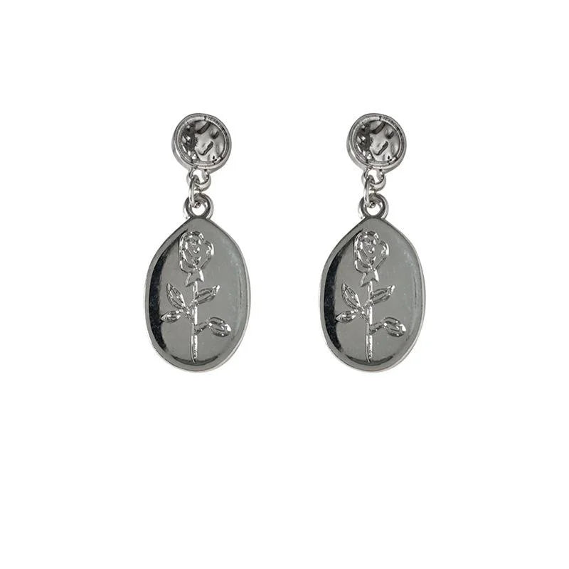 French Vintage Copper Tulip Embossed Silver Tone Geometric Stud Earrings For Women