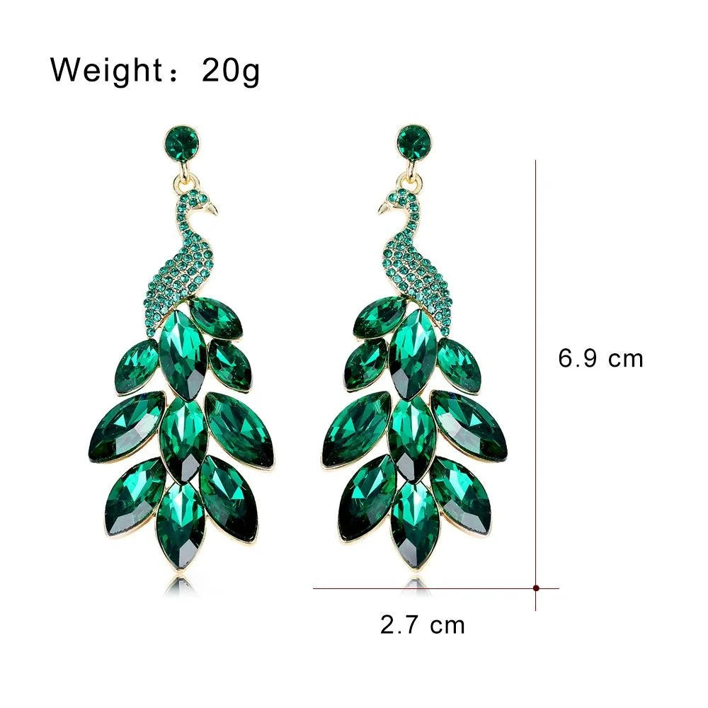 Elegant Green Peacock Crystal Rhinestone Drop Earrings Luxury Alloy Statement Jewelry For Wedding Party Gift