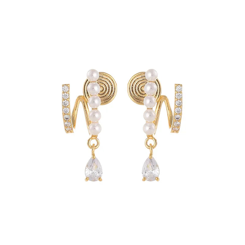 Elegant Double Pearl Spiral Disc Teardrop Crystal Alloy Stud & Clip On No Piercing Earrings