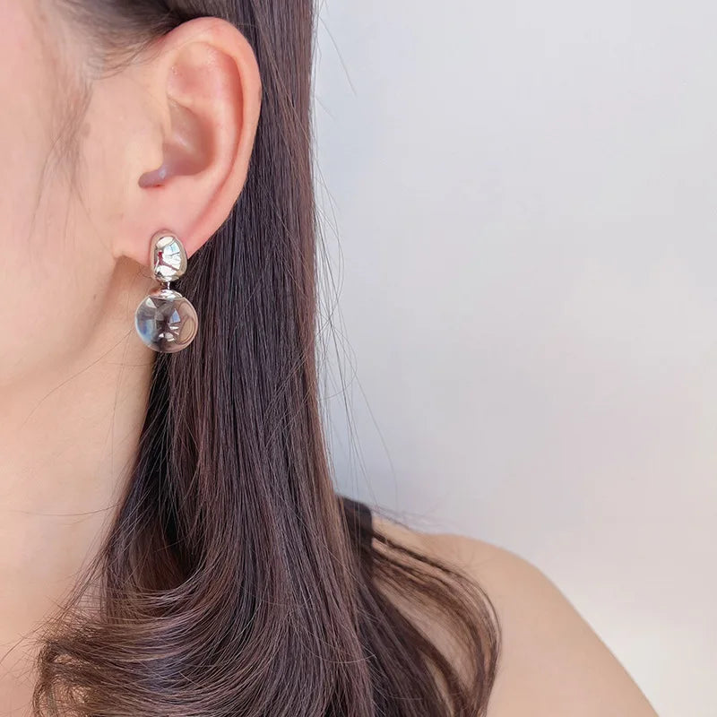Elegant Large Smoky Crystal Ball Dangle Stud & Clip On No Piercing Silver Alloy Drop Earrings