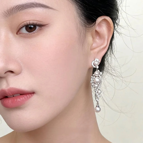 Luxury Copper Zirconia Faux Pearl Tassel Vine Geometric Drop Earrings for Evening Wear