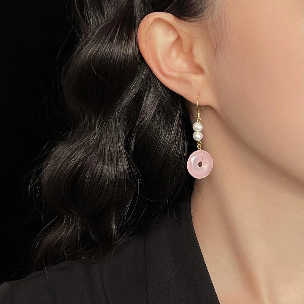 Vintage Court Style Freshwater Pearl Pink Glass Crystal Round Hoop Drop Earrings
