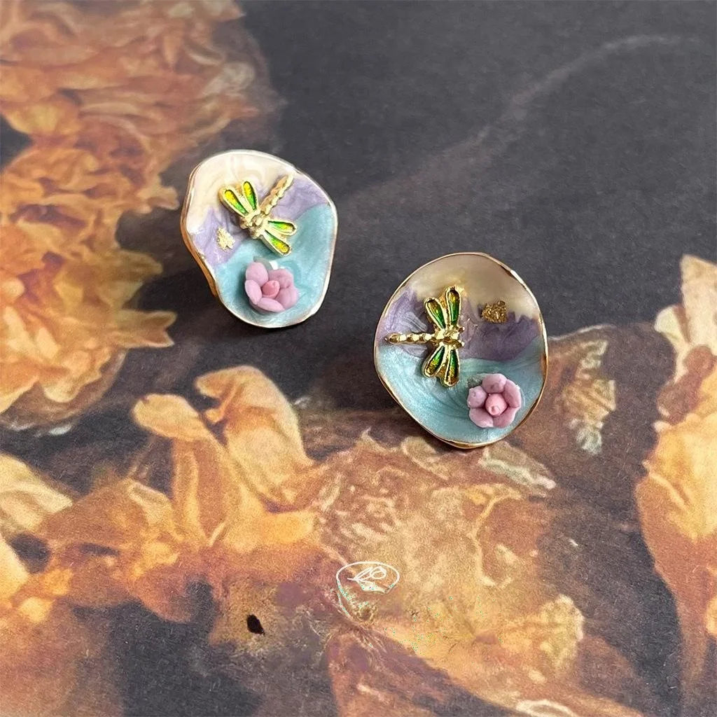 Sweet Gradient Enamel Ceramic Dragonfly Stud Earrings 14K Plated Oil Painting Style