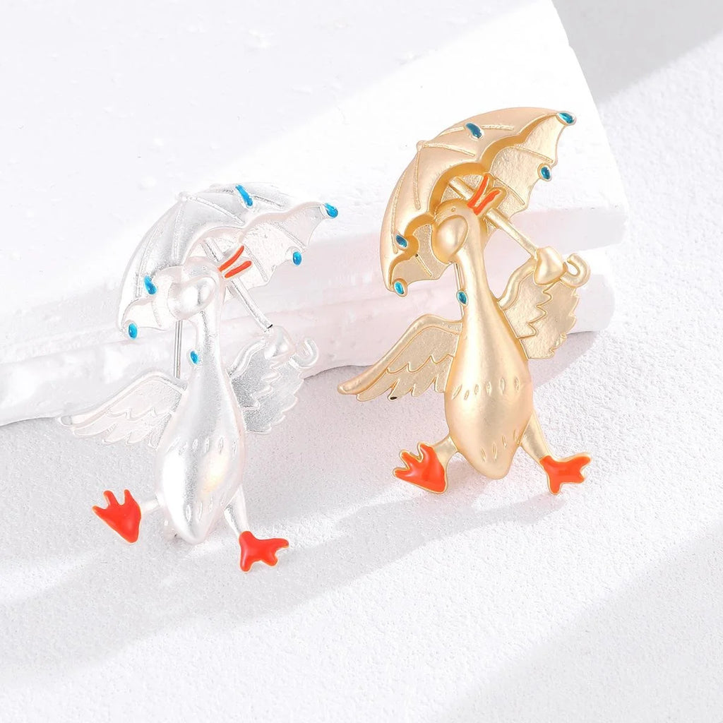 Cute Enamel Duck With Umbrella Alloy Brooch, Whimsical Animal Lapel Pin Corsage Gift For Women