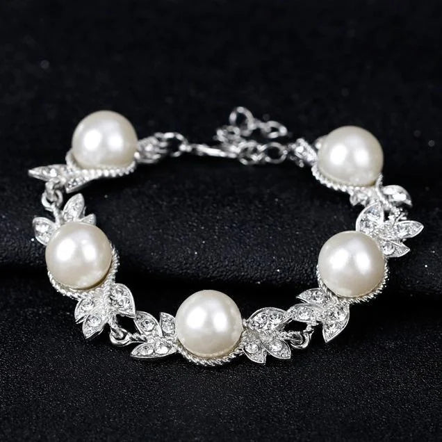 Elegant Bridal Pearl Rhinestone Leaf Earrings Necklace Bracelet Jewelry Set For Wedding Party Gift