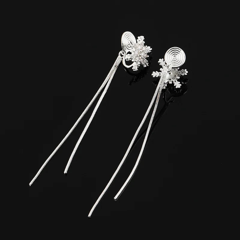 Elegant Rhinestone Snowflake Long Tassel Stud & Clip On No Piercing Face Slimming Drop Earrings