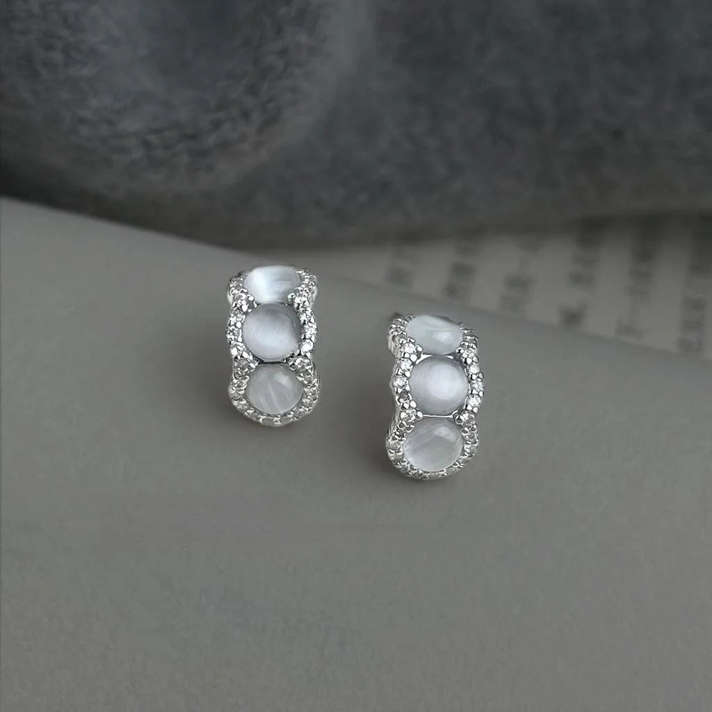 Elegant Glass Cat Eye Stone Half Hoop Zircon Drop Earrings For Commuter Jewelry