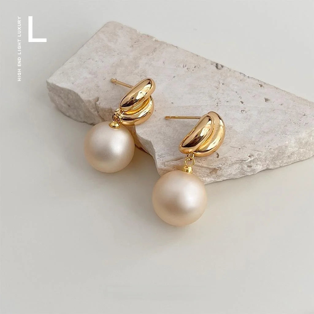 Light Luxury French Champagne Gold Copper Frosted Pearl Geometric Drop Earrings Silver Plated Pin