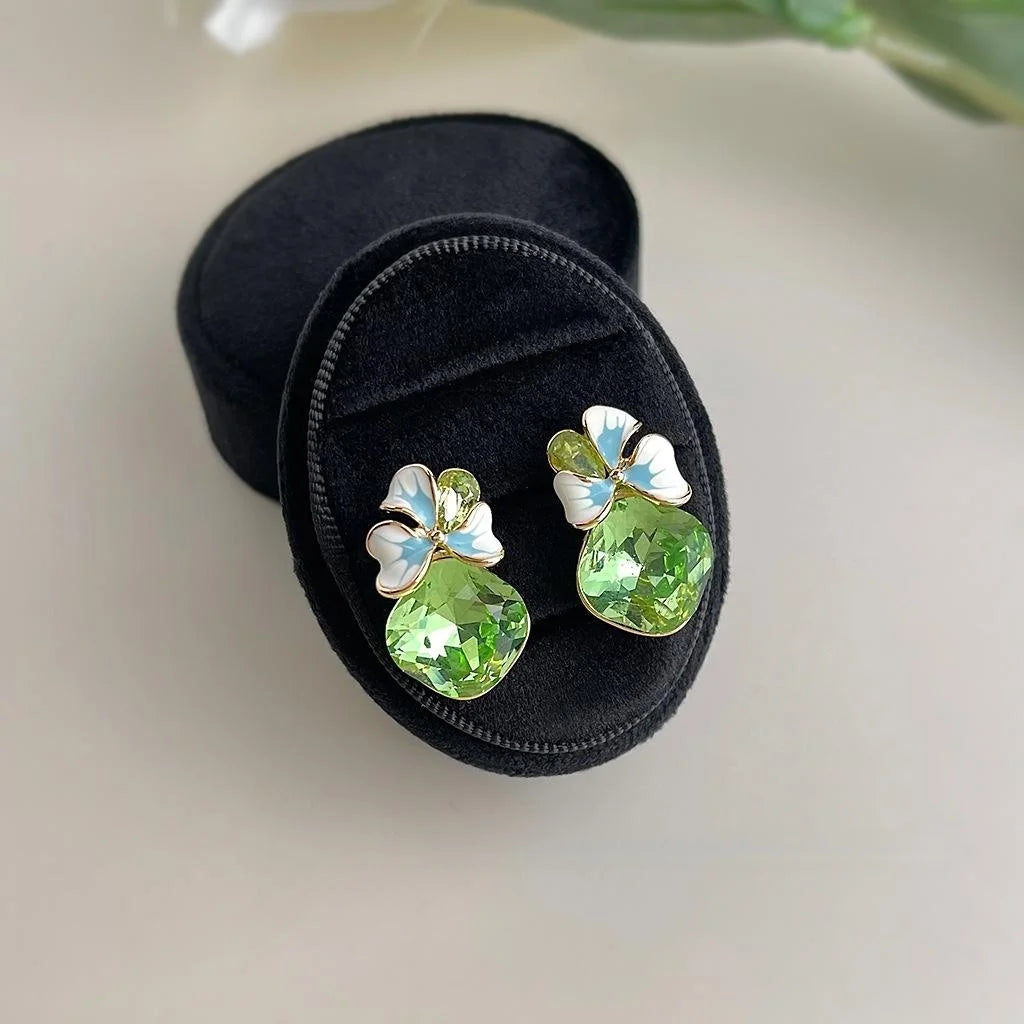 Fresh Sweet Fruit Green Glass Crystal Enamel Flower Stud Earrings With Silver Plated Pins