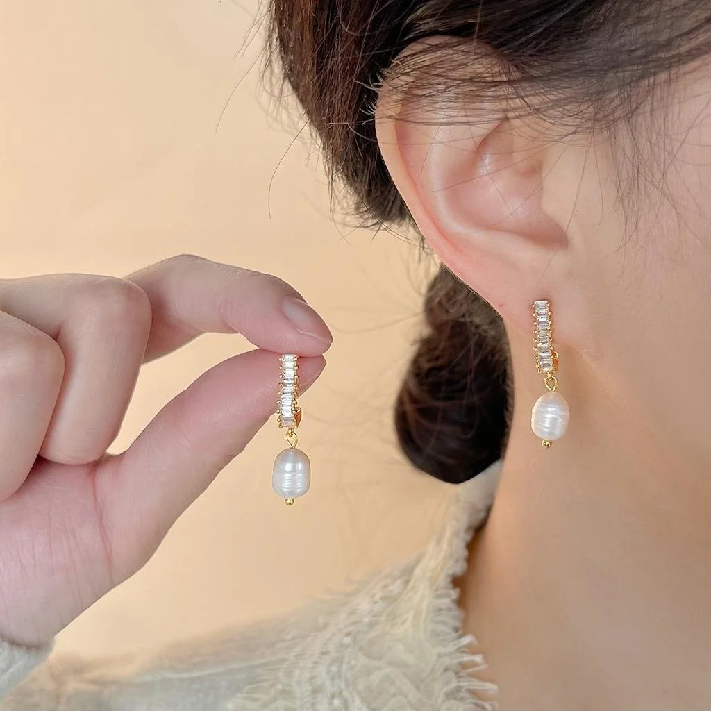 French Vintage Geometric Freshwater Pearl Micro Pave Zircon Copper Drop Earrings For Women