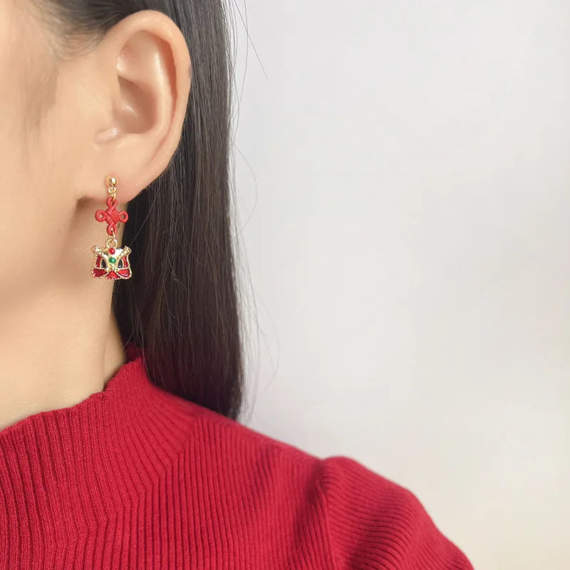 Vintage Chinese Lion Dance Red Knot Alloy Enamel Rhinestone Stud & Clip On No Piercing Drop Earrings