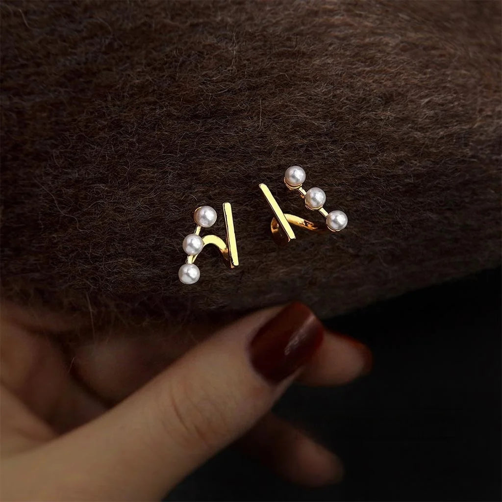French Vintage Double Layer Pearl Stud Earrings, Copper Irregular Double Ring Geometric Jewelry