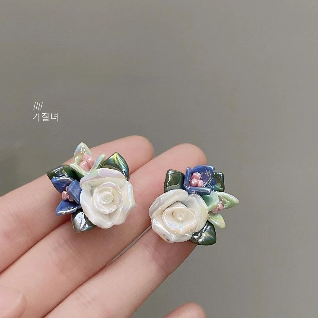 Forest Style Silver Plated Pin Ceramic Flower Stud Earrings Fresh Sweet Blue Floral Petal Design
