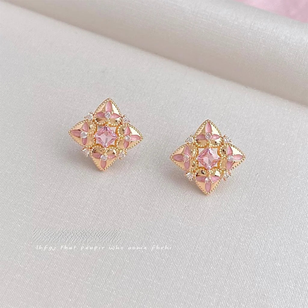 Copper Micro Pave Zircon Painted Geometric Floral Chic Stud Earrings